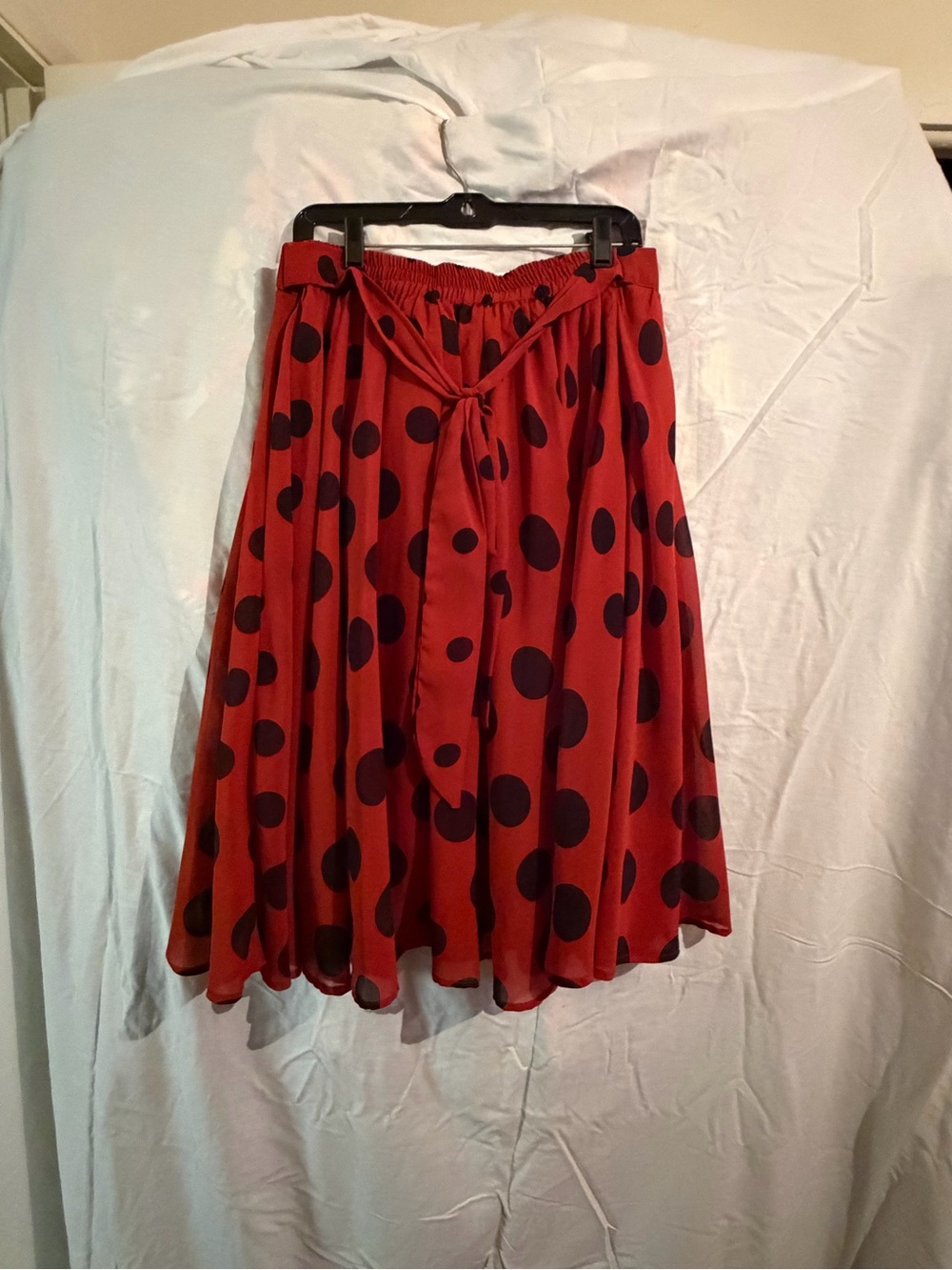 Red Polka Dot Midi Skirt with Tie Waist